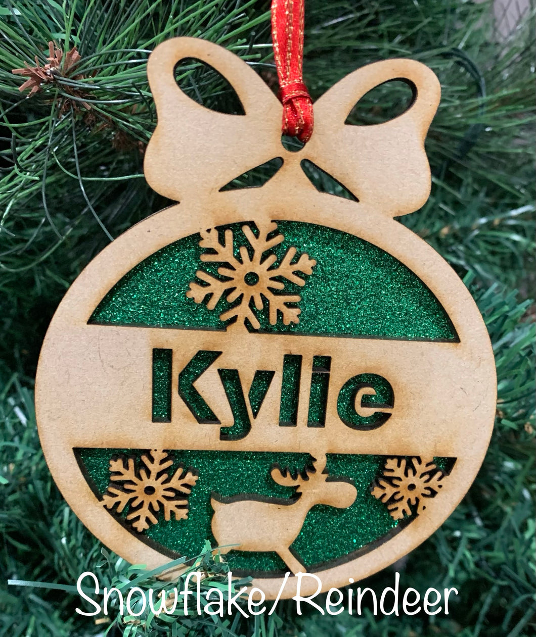 Personalised Wooden  Christmas Bauble with Glitter Card Snowflake Reindeer Design