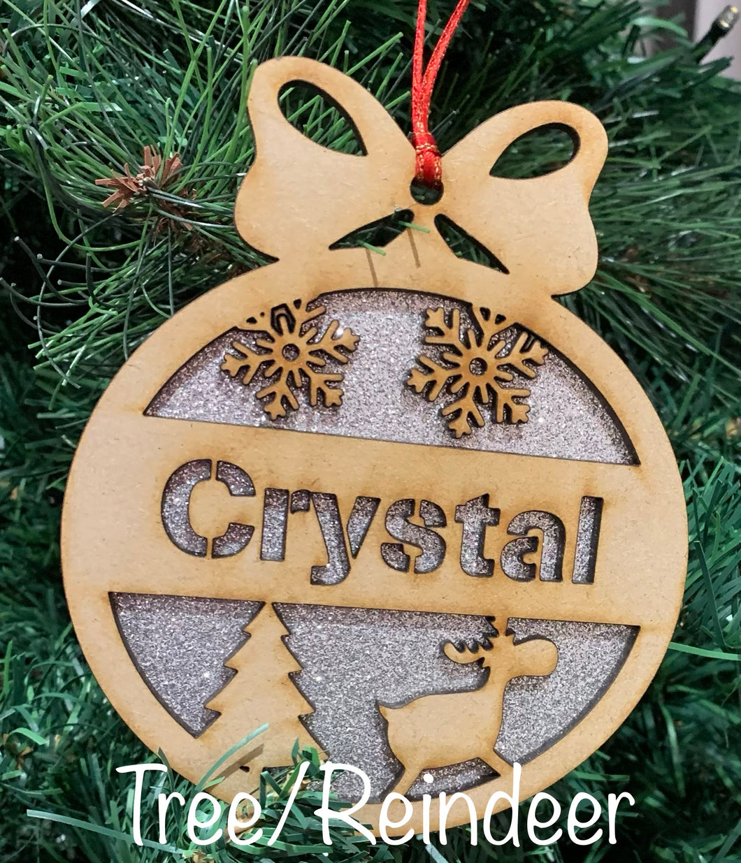 Personalised Wooden  Christmas Bauble with Glitter Card Tree Reindeer Design